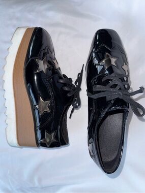 Designer inspired Black Patent Platform Lace-Up Shoes with Star Accents